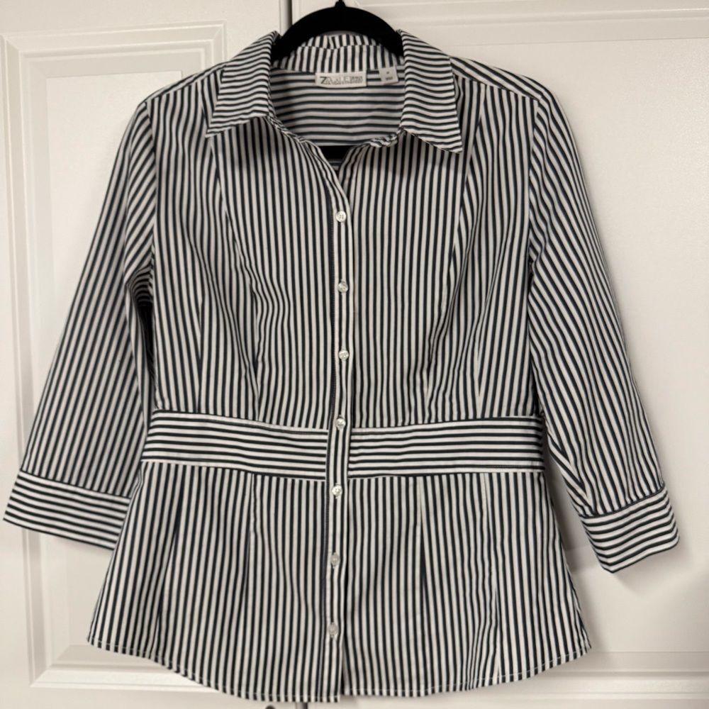 New York & Company Black and White Vertical Stripe Button-Down Shirt